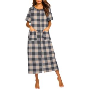 Ekouaer Women Robes Zipper Front Short Sleeve Full Length Housecoat with Pockets Loungewear S-4XL(Gray Plaid)