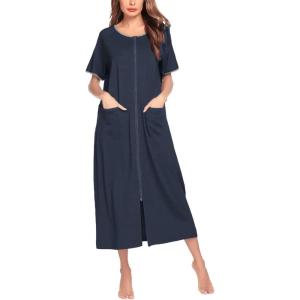 Ekouaer Women Robes Zipper Front Short Sleeve Full Length Housecoat with Pockets Loungewear S-4XL(Navy Blue)