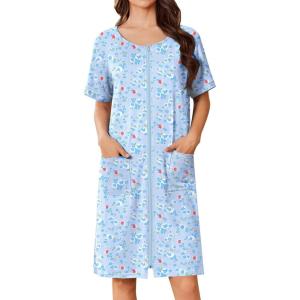 Ekouaer Women Zip Up Robe Short Bathrobe Lightweight House Coats Floral Print House Dress with Pockets Nightgown S-3XL(Blue Grid Floral)