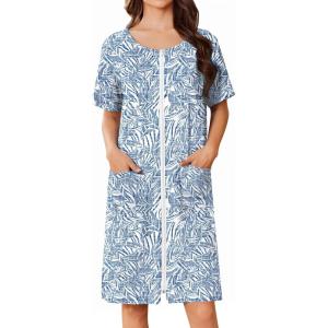 Ekouaer Women Zip Up Robe Short Bathrobe Lightweight House Coats Floral Print House Dress with Pockets Nightgown S-3XL(Blue Leaves)