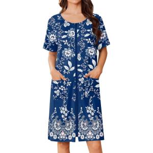Ekouaer Women Zip Up Robe Short Bathrobe Lightweight House Coats Floral Print House Dress with Pockets Nightgown S-3XL(Evening Blue Vines)