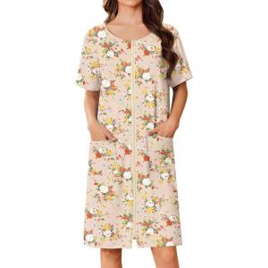Ekouaer Women Zip Up Robe Short Bathrobe Lightweight House Coats Floral Print House Dress with Pockets Nightgown S-3XL(Yellow Floral)