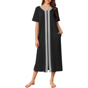 Ekouaer Women Zipper Robe Lightweight House Coat Zipper Front Long Nightgown Soft Loungewear with Pockets S-3XL(Black)