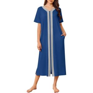 Ekouaer Women Zipper Robe Lightweight House Coat Zipper Front Long Nightgown Soft Loungewear with Pockets S-3XL(Blue)