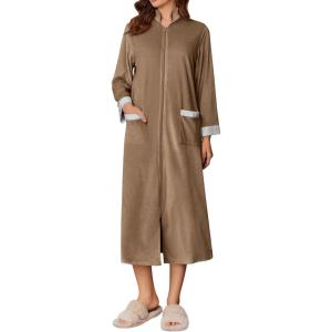 Ekouaer Women Zipper Robe Long Sleeve House Coats Velour Robes Soft Bathrobe with Pockets Nightgown S-3XL(Brown)