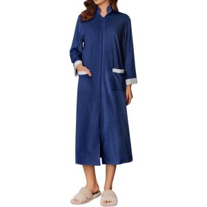 Ekouaer Women Zipper Robe Long Sleeve House Coats Velour Robes Soft Bathrobe with Pockets Nightgown S-3XL(Navy Blue)