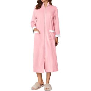 Ekouaer Women Zipper Robe Long Sleeve House Coats Velour Robes Soft Bathrobe with Pockets Nightgown S-3XL(Pink)