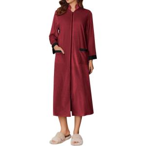 Ekouaer Women Zipper Robe Long Sleeve House Coats Velour Robes Soft Bathrobe with Pockets Nightgown S-3XL(Red)
