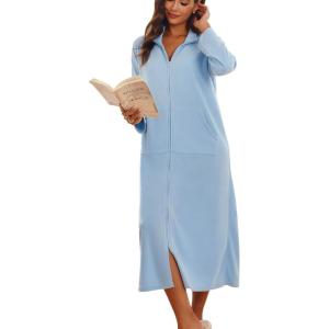 Ekouaer Women Zipper Robe Long Sleeves House Coat Soft Bathrobe Sleepwear with Pockets Housecoat Loungewear(A-light Blue)