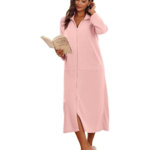 Ekouaer Women Zipper Robe Long Sleeves House Coat Soft Bathrobe Sleepwear with Pockets Housecoat Loungewear(A-light Pink)