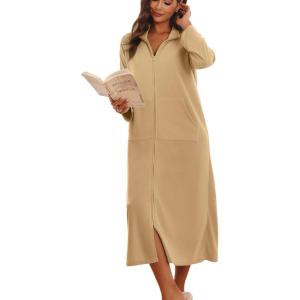 Ekouaer Women Zipper Robe Long Sleeves House Coat Soft Bathrobe Sleepwear with Pockets Housecoat Loungewear(Khaki)