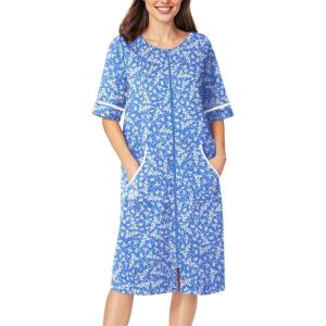 Ekouaer Women Zipper Robe Short Sleeve Duster Housecoat Short Bathrobes Zip Front Nightgown with Pockets S-3XL(Blue Floral)