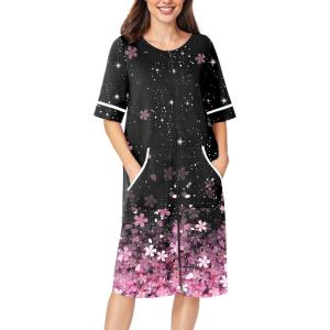Ekouaer Women Zipper Robe Short Sleeve Duster Housecoat Short Bathrobes Zip Front Nightgown with Pockets S-3XL(Cherry Blossoms)