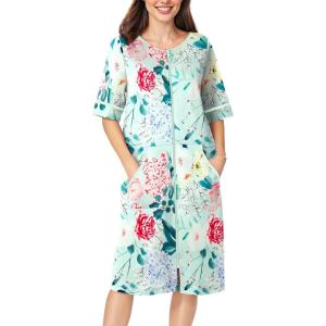 Ekouaer Women Zipper Robe Short Sleeve Duster Housecoat Short Bathrobes Zip Front Nightgown with Pockets S-3XL(Green Flower)