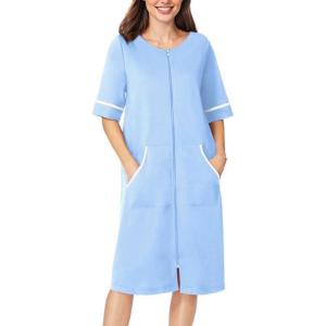 Ekouaer Women Zipper Robe Short Sleeve Duster Housecoat Short Bathrobes Zip Front Nightgown with Pockets S-3XL(Light Blue)