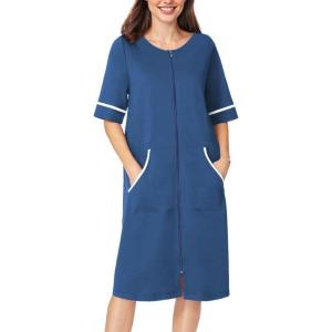 Ekouaer Women Zipper Robe Short Sleeve Duster Housecoat Short Bathrobes Zip Front Nightgown with Pockets S-3XL(Navy)
