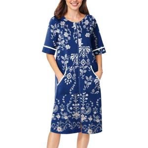 Ekouaer Women Zipper Robe Short Sleeve Duster Housecoat Short Bathrobes Zip Front Nightgown with Pockets S-3XL(Navy Floral)