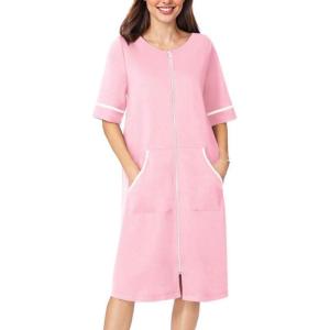 Ekouaer Women Zipper Robe Short Sleeve Duster Housecoat Short Bathrobes Zip Front Nightgown with Pockets S-3XL(Pink)