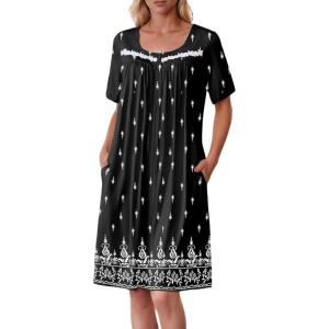Ekouaer Women Zipper Robe Short Sleeves House Coat Zipper Front Bathrobe Sleepwear with Pockets Housecoat Nightgown(Floral Black)