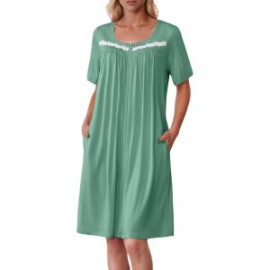 Ekouaer Women Zipper Robe Short Sleeves House Coat Zipper Front Bathrobe Sleepwear with Pockets Housecoat Nightgown(Gray Green)