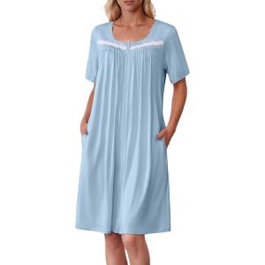 Ekouaer Women Zipper Robe Short Sleeves House Coat Zipper Front Bathrobe Sleepwear with Pockets Housecoat Nightgown(Light Blue)