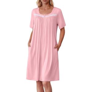 Ekouaer Women Zipper Robe Short Sleeves House Coat Zipper Front Bathrobe Sleepwear with Pockets Housecoat Nightgown(Pink)