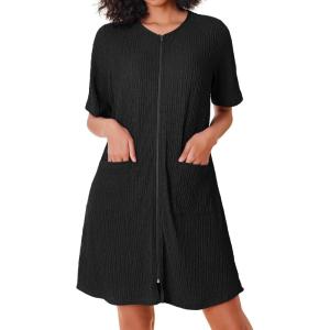 Ekouaer Women Zipper Robes Knit Short Bathrobe Lightweight House Coat with Pockets Soft Nightgown S-XXL(Black)