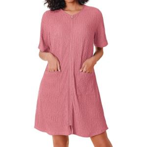 Ekouaer Women Zipper Robes Knit Short Bathrobe Lightweight House Coat with Pockets Soft Nightgown S-XXL(Coral)