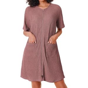 Ekouaer Women Zipper Robes Knit Short Bathrobe Lightweight House Coat with Pockets Soft Nightgown S-XXL(Dark Red)