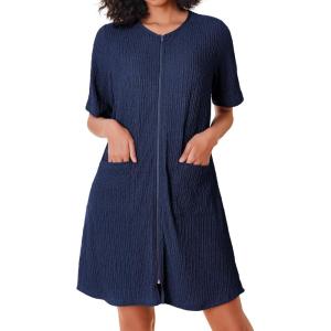 Ekouaer Women Zipper Robes Knit Short Bathrobe Lightweight House Coat with Pockets Soft Nightgown S-XXL(Navy Blue)