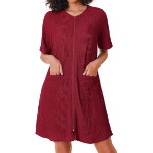 Ekouaer Women Zipper Robes Knit Short Bathrobe Lightweight House Coat with Pockets Soft Nightgown S-XXL(Wine Red)