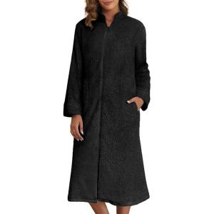 Ekouaer Women Zipper Robes Long Sleeve Zip Up House Coat Full Length Warm Flannel Bathrobe Sleepwear with Pockets, Black, Small