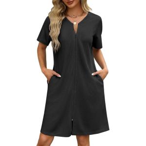 Ekouaer Women Zipper Robes Waffle Short Bathrobe Lightweight House Coat with Pockets Soft Nightgown S-3XL(Black)