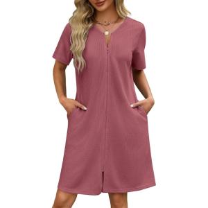 Ekouaer Women Zipper Robes Waffle Short Bathrobe Lightweight House Coat with Pockets Soft Nightgown S-3XL(Gray Purple)