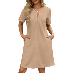 Ekouaer Women Zipper Robes Waffle Short Bathrobe Lightweight House Coat with Pockets Soft Nightgown S-3XL(Khaki)