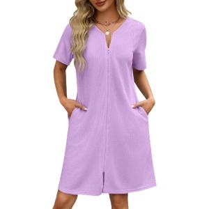 Ekouaer Women Zipper Robes Waffle Short Bathrobe Lightweight House Coat with Pockets Soft Nightgown S-3XL(Lavender)