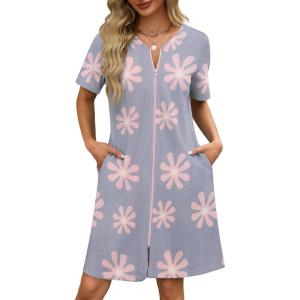 Ekouaer Women Zipper Robes Waffle Short Bathrobe Lightweight House Coat with Pockets Soft Nightgown S-3XL(Light Purple Floral)