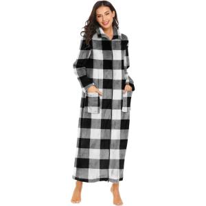 Ekouaer Women’s Flannel Robe Zipper Front Robes Full Length Bathrobe(S-XXL)(Black & White Plaid)