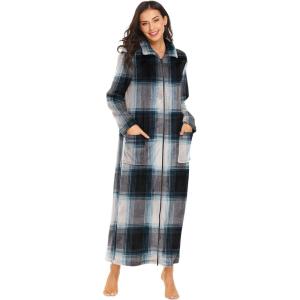 Ekouaer Women’s Flannel Robe Zipper Front Robes Full Length Bathrobe(S-XXL)(Black Blue Green Plaid)