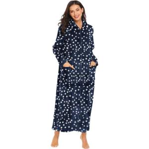 Ekouaer Women’s Flannel Robe Zipper Front Robes Full Length Bathrobe(S-XXL)(Dark Blue/White Stars)