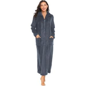 Ekouaer Women’s Flannel Robe Zipper Front Robes Full Length Bathrobe(S-XXL)(Dark Grey)
