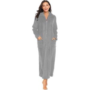 Ekouaer Women’s Flannel Robe Zipper Front Robes Full Length Bathrobe(S-XXL)(Grey)