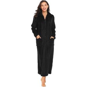 Ekouaer Women’s Flannel Robe Zipper Front Robes Full Length Bathrobe(S-XXL)(H-black)