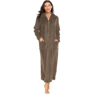 Ekouaer Women’s Flannel Robe Zipper Front Robes Full Length Bathrobe(S-XXL)(Khaki)
