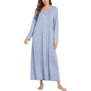 Ekouaer Women’s Long Sleeve Nightgown Full Length Sleepwear Long Sleepshirts Henley Sleep Dress S-4XL(A_a_blue Florals)