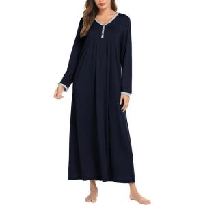 Ekouaer Women’s Long Sleeve Nightgown Full Length Sleepwear Long Sleepshirts Henley Sleep Dress S-4XL(A-a-navy Blue)