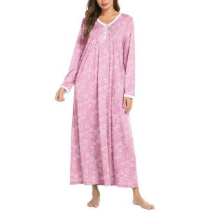 Ekouaer Women’s Long Sleeve Nightgown Full Length Sleepwear Long Sleepshirts Henley Sleep Dress S-4XL(A_a_pink Florals)