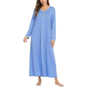 Ekouaer Women’s Long Sleeve Nightgown Full Length Sleepwear Long Sleepshirts Henley Sleep Dress S-4XL(A-a-sky Blue)