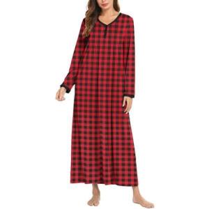 Ekouaer Women’s Long Sleeve Nightgown Full Length Sleepwear Long Sleepshirts Henley Sleep Dress S-4XL(B-b-red-black Grid)