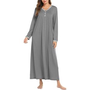 Ekouaer Women’s Long Sleeve Nightgown Full Length Sleepwear Long Sleepshirts Henley Sleep Dress S-4XL(B_dark Grey)